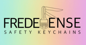 Fredense Safety Keychains logo with stylized key design on a pastel gradient background