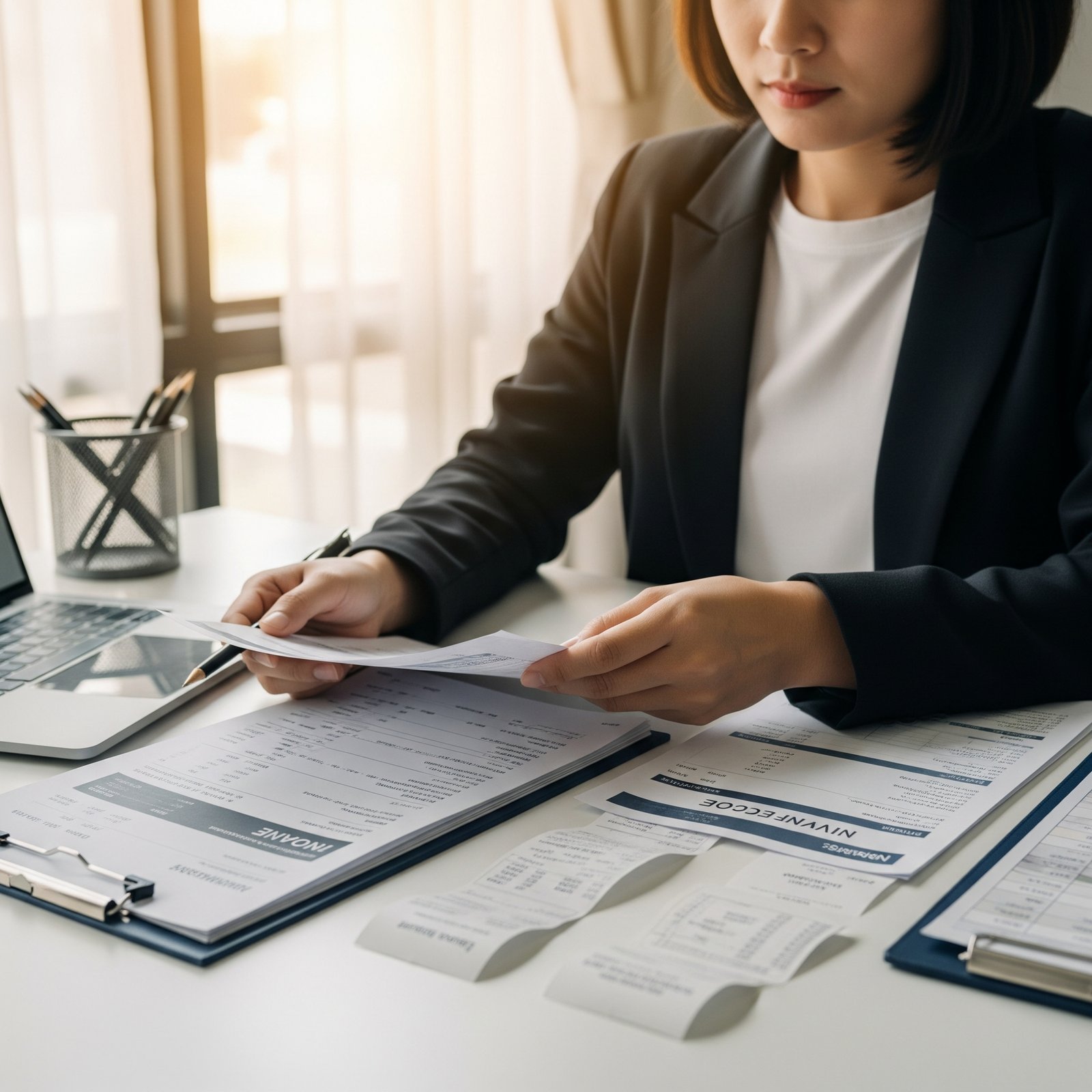 Professional reviewing invoices as part of bookkeeping services and small business bookkeeping